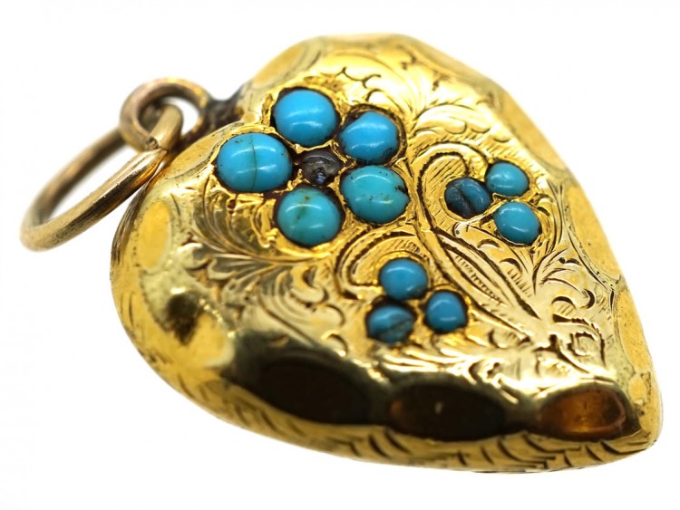 Late Georgian 15ct Gold & Turquoise Heart Shaped Forget Me Not Pendant