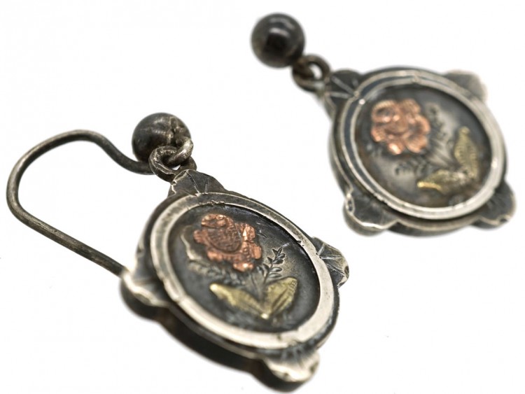 Victorian Silver & Gold Overlay Rose Motif Drop Earrings
