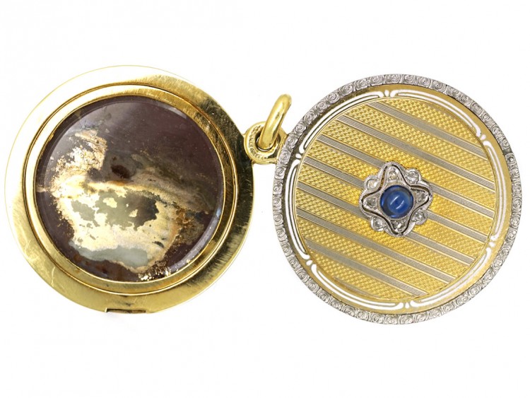Austrian Art Deco Two Colour Gold Round Locket Set With Sapphire & Diamonds