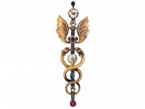 Victorian Rose Diamond, Ruby & Sapphire Caduceus Brooch