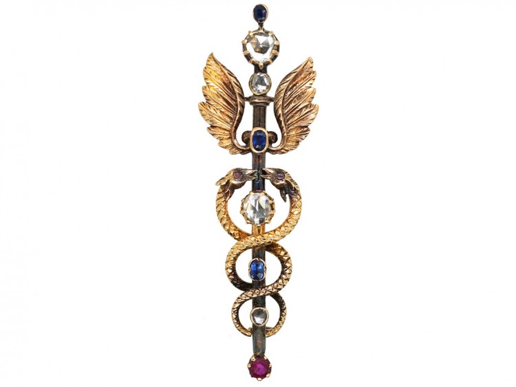 Victorian Rose Diamond, Ruby & Sapphire Caduceus Brooch