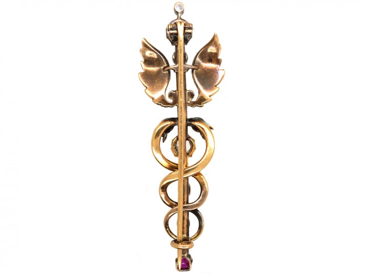 Victorian Rose Diamond, Ruby & Sapphire Caduceus Brooch