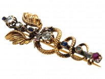 Victorian Rose Diamond, Ruby & Sapphire Caduceus Brooch