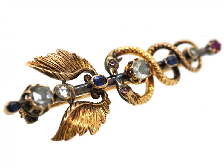 Victorian Rose Diamond, Ruby & Sapphire Caduceus Brooch