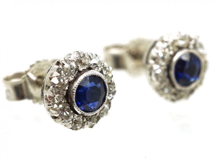 Art Deco Platinum, Sapphire & Diamond Cluster Earrings