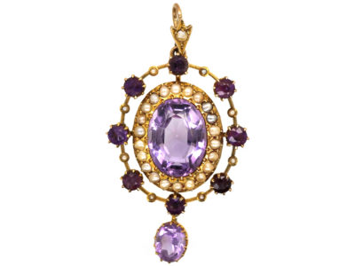 Edwardian 15ct Gold Amethyst & Natural Split Pearl Pendant