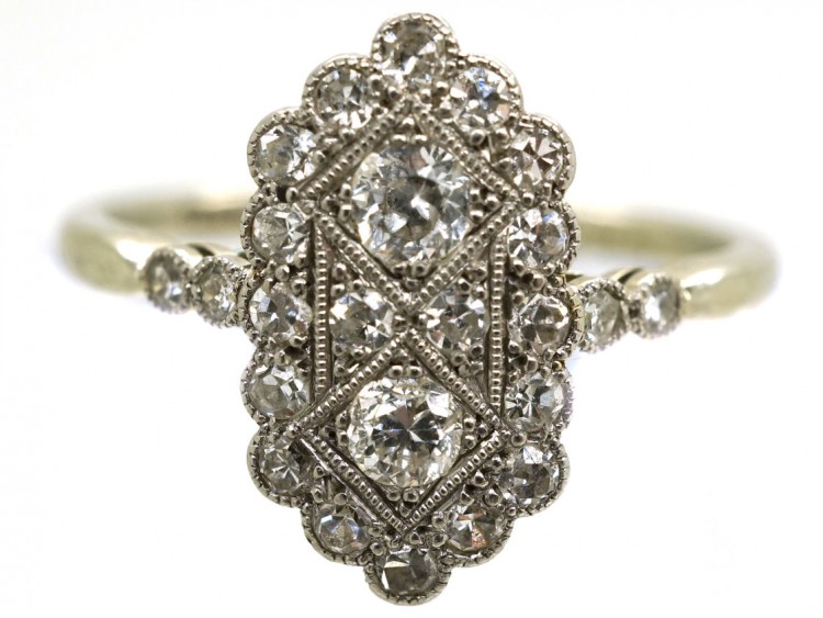 Art Deco 18ct Gold & Platinum, Diamond Rectangular Ring With Diamond Shoulders