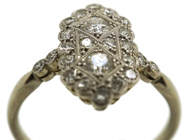 Art Deco 18ct Gold & Platinum, Diamond Rectangular Ring With Diamond Shoulders