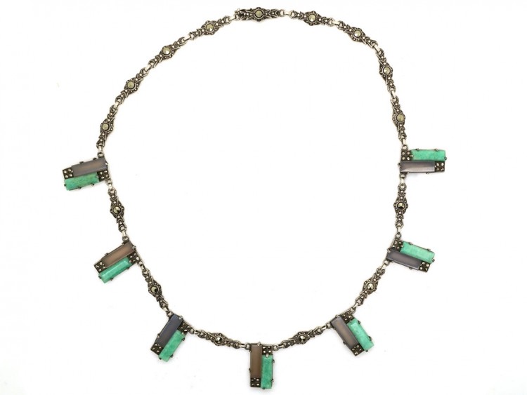 Art Deco Silver, Amazonite & Marcasite Necklace