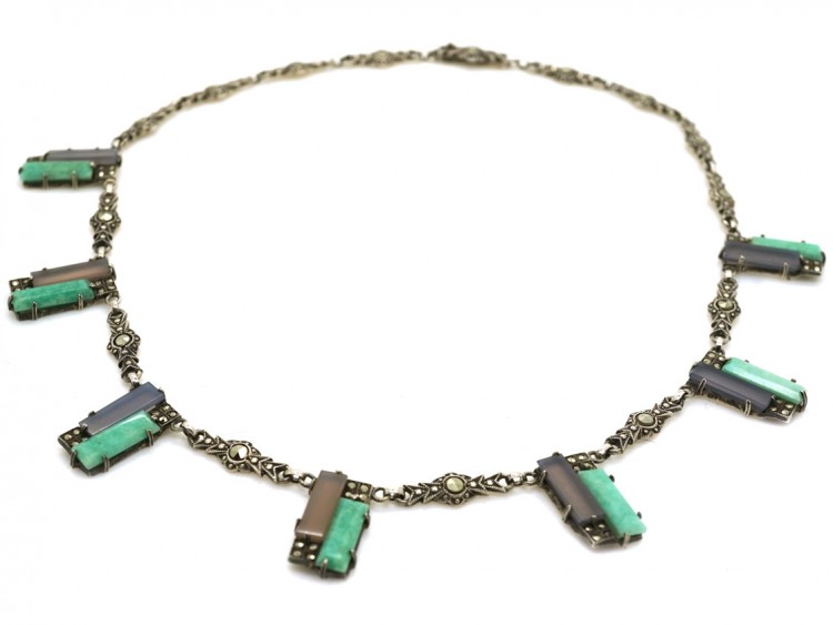 Art Deco Silver, Amazonite & Marcasite Necklace