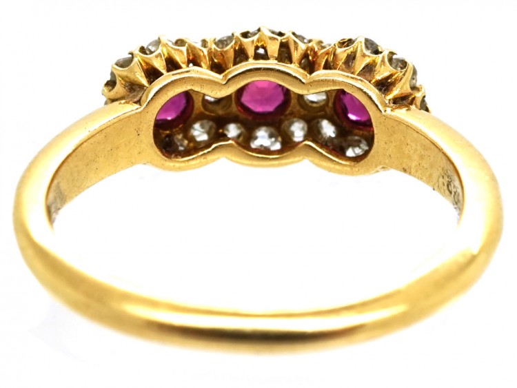 Victorian 18ct Gold, Ruby & Diamond Triple Cluster Ring