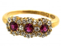 Victorian 18ct Gold, Ruby & Diamond Triple Cluster Ring