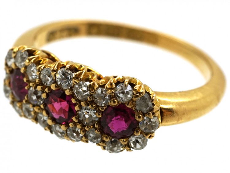 Victorian 18ct Gold, Ruby & Diamond Triple Cluster Ring