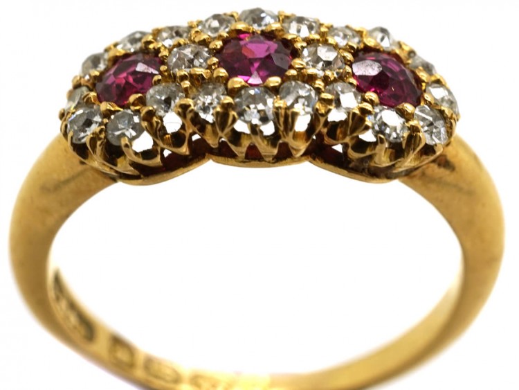Victorian 18ct Gold, Ruby & Diamond Triple Cluster Ring