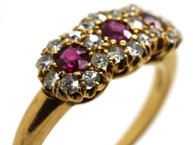 Victorian 18ct Gold, Ruby & Diamond Triple Cluster Ring