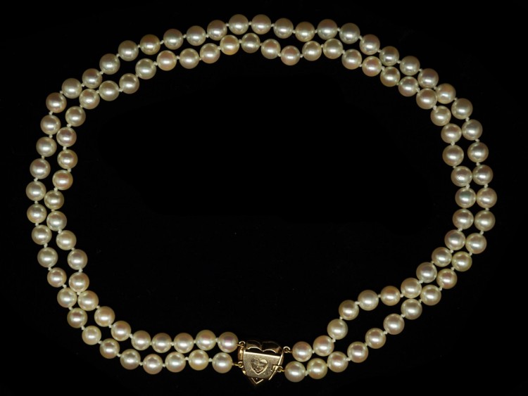 Two Row Pearl Choker With a Heart Shaped Diamond & Sapphire Clasp