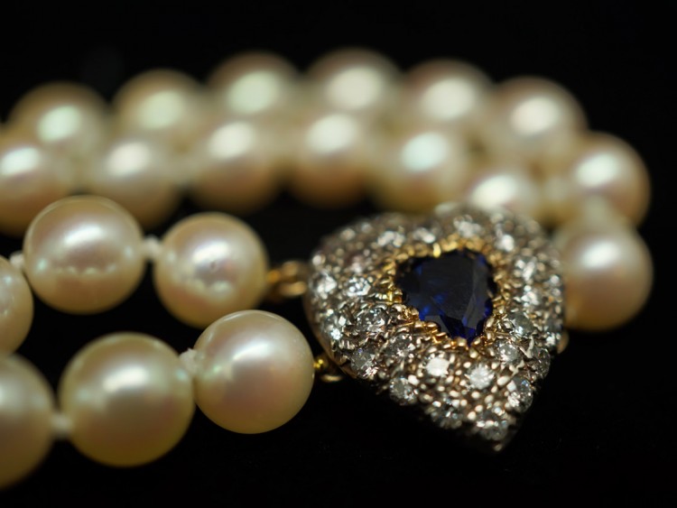 Two Row Pearl Choker With a Heart Shaped Diamond & Sapphire Clasp