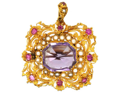 Regency 18ct Gold Ruby, Natural Split Pearl & Amethyst Pendant & Brooch