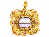 Regency 18ct Gold Ruby, Natural Split Pearl & Amethyst Pendant & Brooch