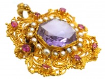 Regency 18ct Gold Ruby, Natural Split Pearl & Amethyst Pendant & Brooch
