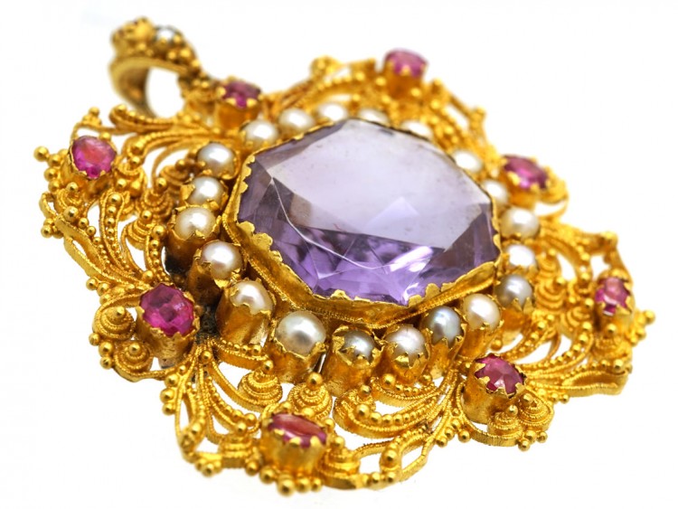 Regency 18ct Gold Ruby, Natural Split Pearl & Amethyst Pendant & Brooch