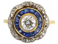 Art Deco 18ct Gold & Platinum Target Ring Set With Sapphires & Diamonds