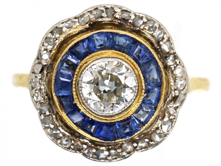 Art Deco 18ct Gold & Platinum Target Ring Set With Sapphires & Diamonds