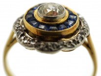 Art Deco 18ct Gold & Platinum Target Ring Set With Sapphires & Diamonds