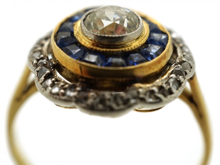Art Deco 18ct Gold & Platinum Target Ring Set With Sapphires & Diamonds