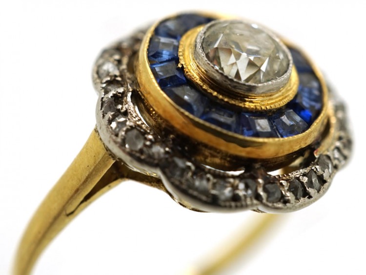 Art Deco 18ct Gold & Platinum Target Ring Set With Sapphires & Diamonds