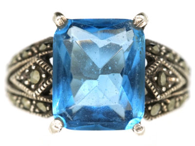 Art Deco Silver, Marcasite & Blue Paste Ring