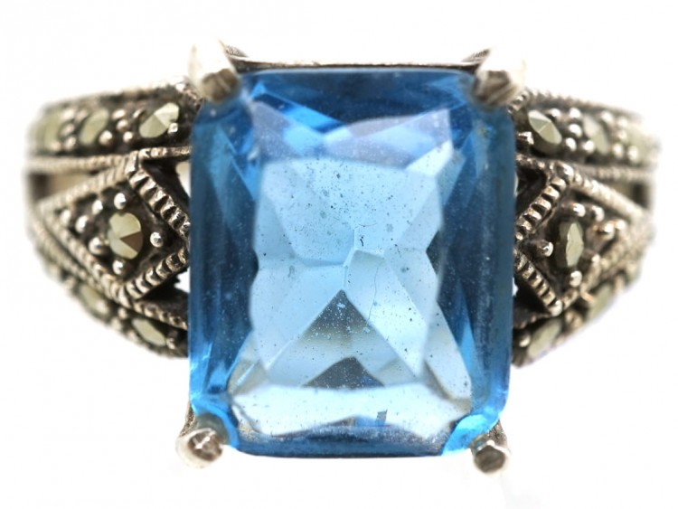 Art Deco Silver, Marcasite & Blue Paste Ring
