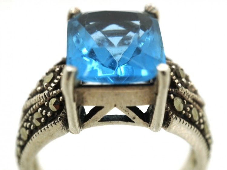 Art Deco Silver, Marcasite & Blue Paste Ring