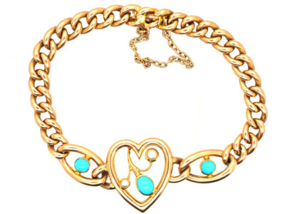 Edwardian 15ct Gold, Turquoise & Natural Split Pearl Heart Bracelet
