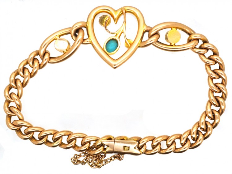 Edwardian 15ct Gold, Turquoise & Natural Split Pearl Heart Bracelet