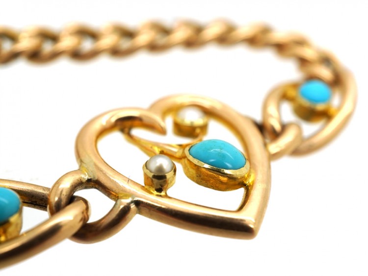 Edwardian 15ct Gold, Turquoise & Natural Split Pearl Heart Bracelet