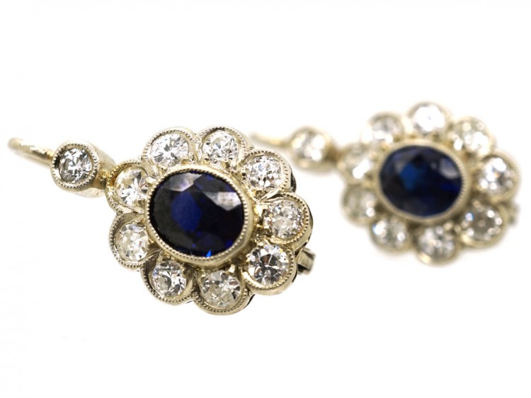 Austrian Art Deco 14ct White Gold Sapphire & Diamond Earrings