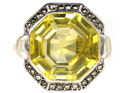 Art Deco Silver, Marcasite & Yellow Paste Ring