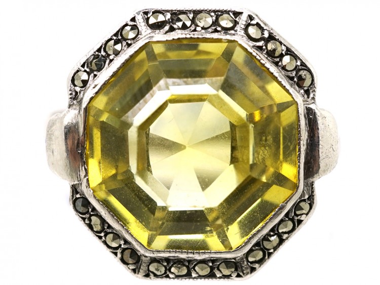 Art Deco Silver, Marcasite & Yellow Paste Ring