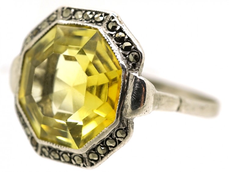Art Deco Silver, Marcasite & Yellow Paste Ring