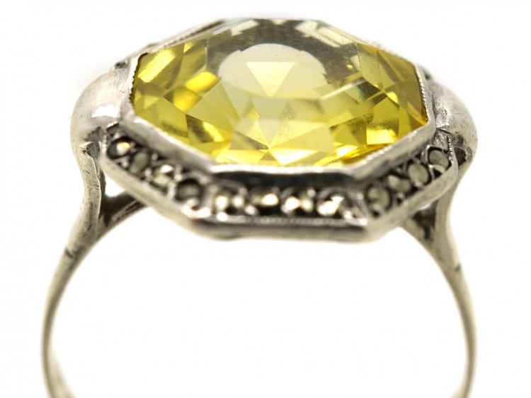 Art Deco Silver, Marcasite & Yellow Paste Ring