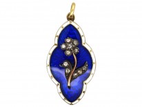 Victorian 15ct Gold & Royal Blue & White Enamel Pendant Set With a Forget Me Not Flower in Diamonds