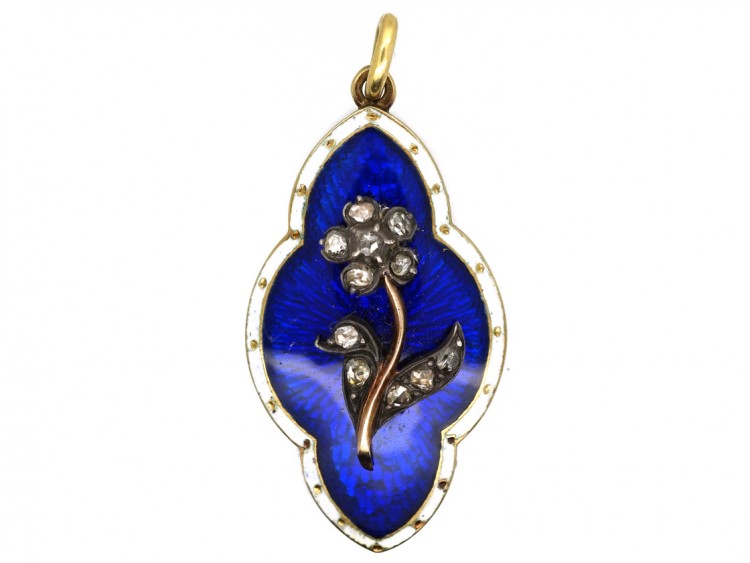 Victorian 15ct Gold & Royal Blue & White Enamel Pendant Set With a Forget Me Not Flower in Diamonds