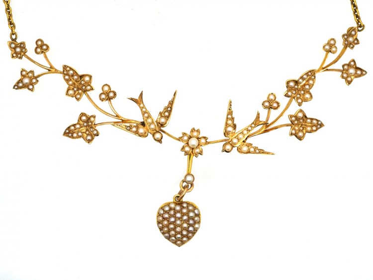 Victorian 15ct Gold & Natural Split Pearl Necklace with Swallows & a Heart