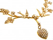Victorian 15ct Gold & Natural Split Pearl Necklace with Swallows & a Heart