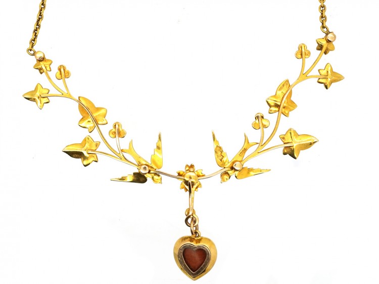 Victorian 15ct Gold & Natural Split Pearl Necklace with Swallows & a Heart