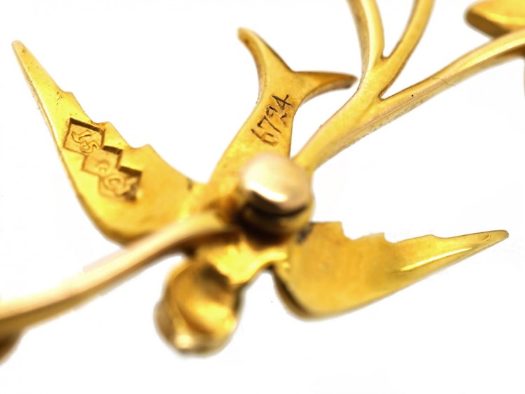 Victorian 15ct Gold & Natural Split Pearl Necklace with Swallows & a Heart