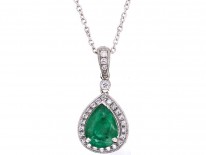 18ct White Gold Emerald & Diamond Pendant on Chain