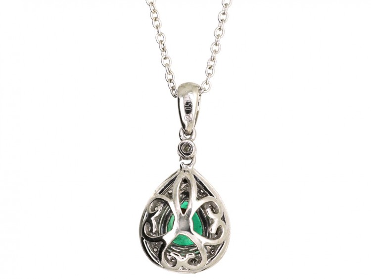18ct White Gold Emerald & Diamond Pendant on Chain