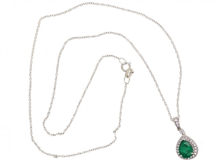 18ct White Gold Emerald & Diamond Pendant on Chain